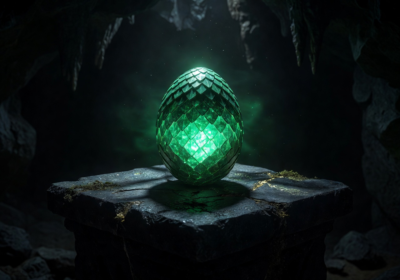 A glowing emerald green dragon egg resting on a dark stone pedestal